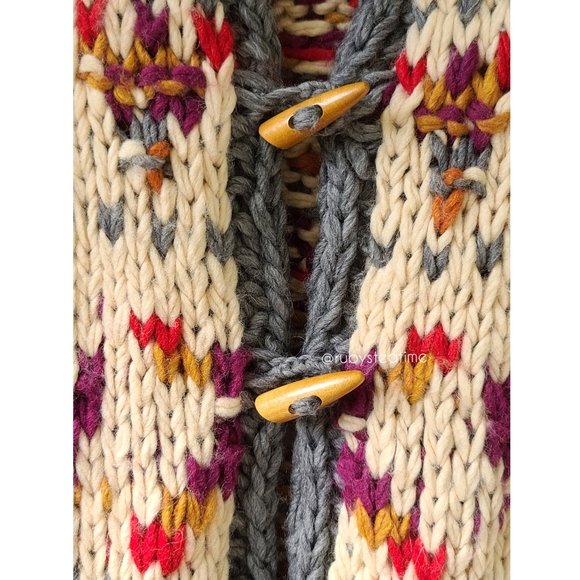Chunky Knit Boho Neo Fairisle Cardigan Sweater, Wooden Toggle Buttons, ANTHRO - Picture 6 of 16